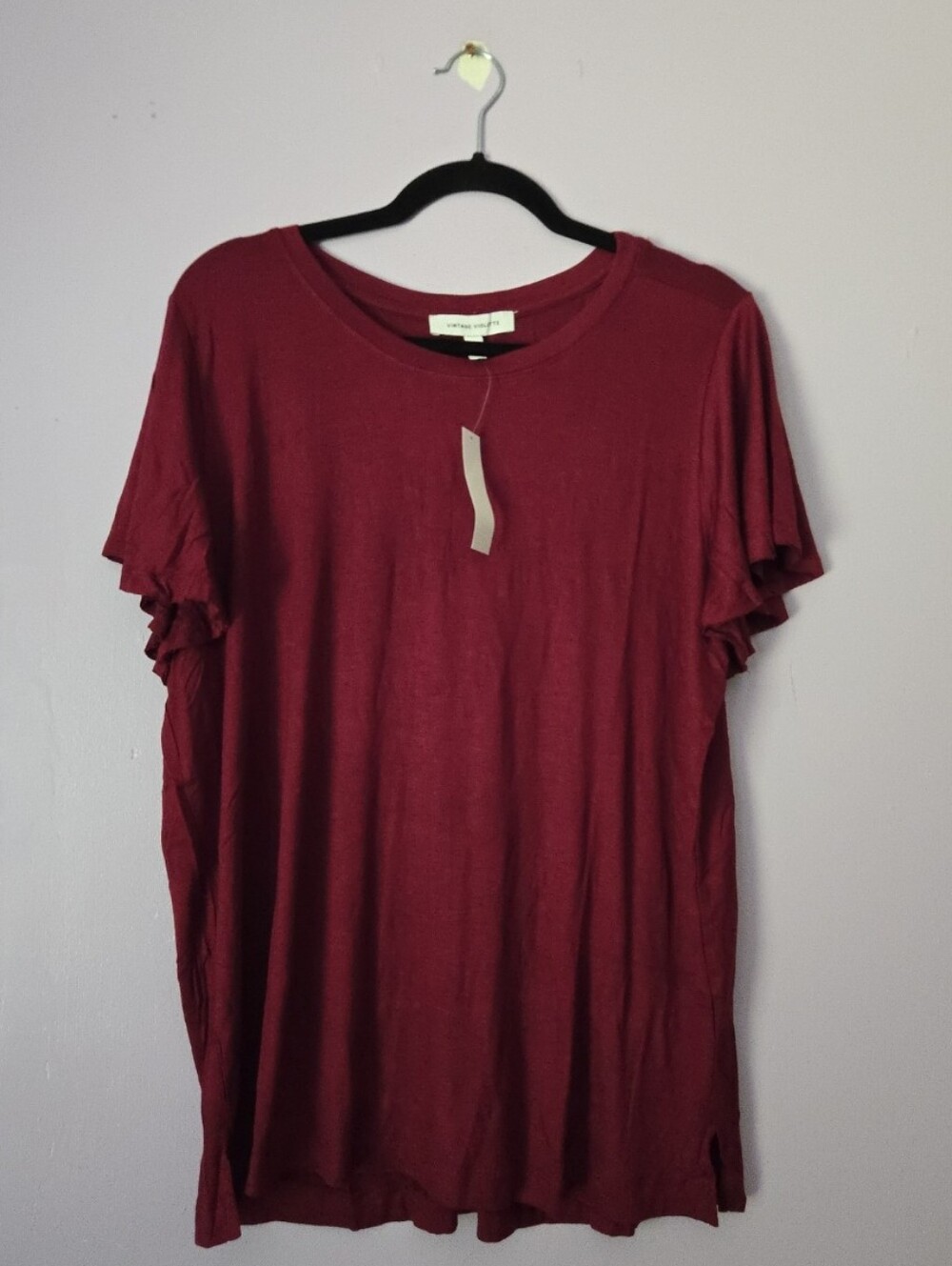 Vintage Violette XL Women's Short Sleeve Ruffle Tee - Burgundy